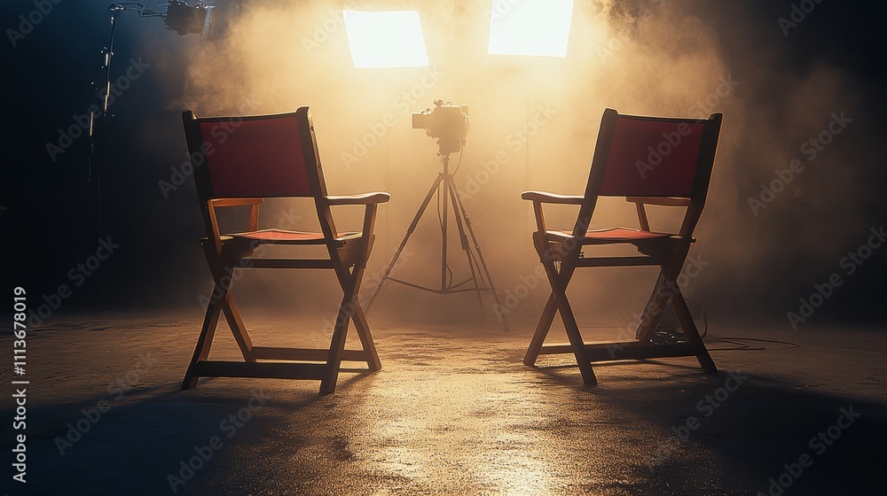 Aufkleber two empty director's chairs in a misty studio, ready for an interview or filming session.