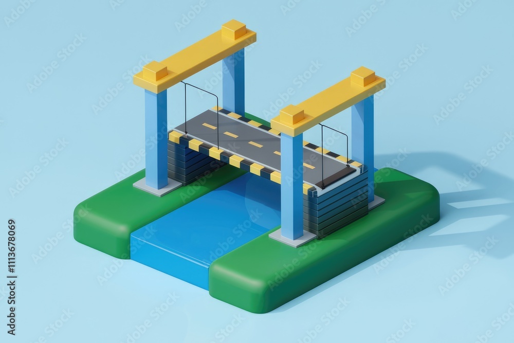Aufkleber A 3D rendering of a simple bridge over a river.