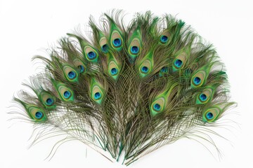 Obraz premium Green peacock feathers arranged in arc on white background