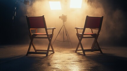 Two empty director's chairs in a misty studio, ready for an interview or filming session.