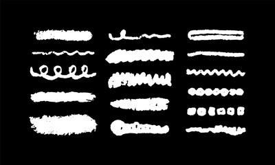 Obraz premium Chalk white handwriting lines, brush strokes, crayon pencil underlines on blackboard. Sketch Charcoal straight horizontal lines. Scribble bright vector strokes. Grunge smears, thin and thick dividers