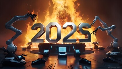 2025 new year wallpaper against fire background surrounded by digital devices