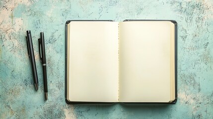 An open notebook with two black pens on a teal background.