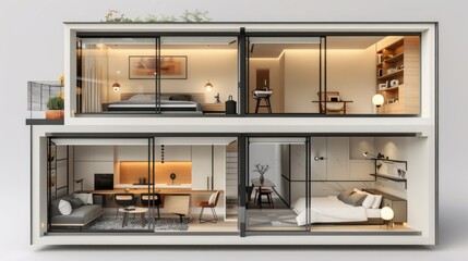 Modern architectural design showcasing a stylish two-level home interior.