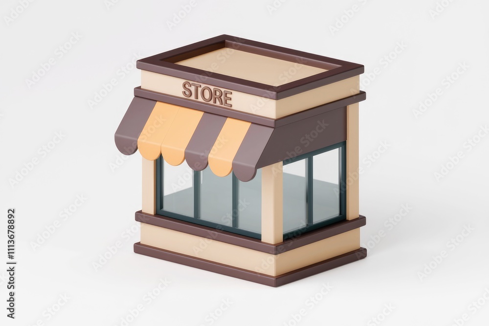 Poster a 3d model of a small storefront with a brown awning.