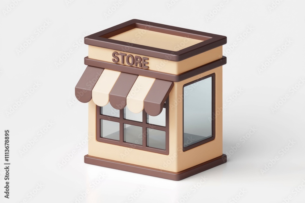 Poster A simple 3D model of a storefront with a striped awning.