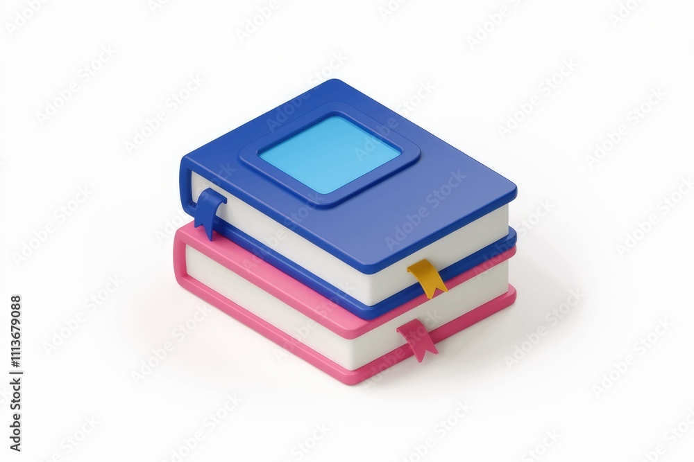 Poster two colorful books stacked with white pages and bookmarks