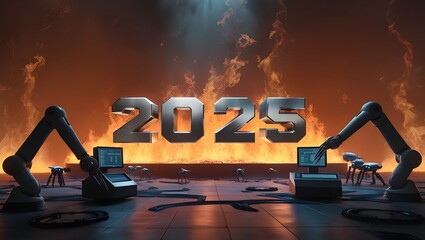 2025 new year wallpaper against fire background surrounded by digital devices