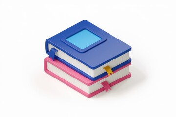 Two colorful books stacked with white pages and bookmarks