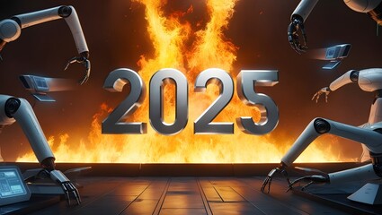 2025 new year wallpaper against fire background surrounded by digital devices