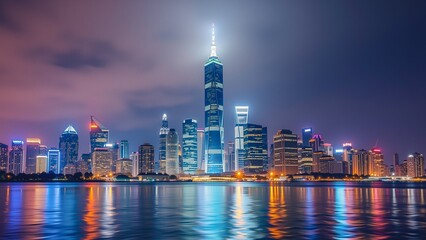 City Lights Reflection Nighttime Urban Skyline Panorama, A panoramic view of a bustling city skyline at night, with illuminated skyscrapers reflected in the calm water below.