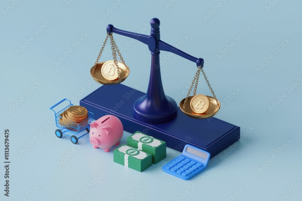 Aufkleber a scale with bitcoin on one side and traditional money on the other.