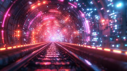 Fototapeta premium Futuristic neon-lit train tunnel with vibrant glowing lights and tracks.