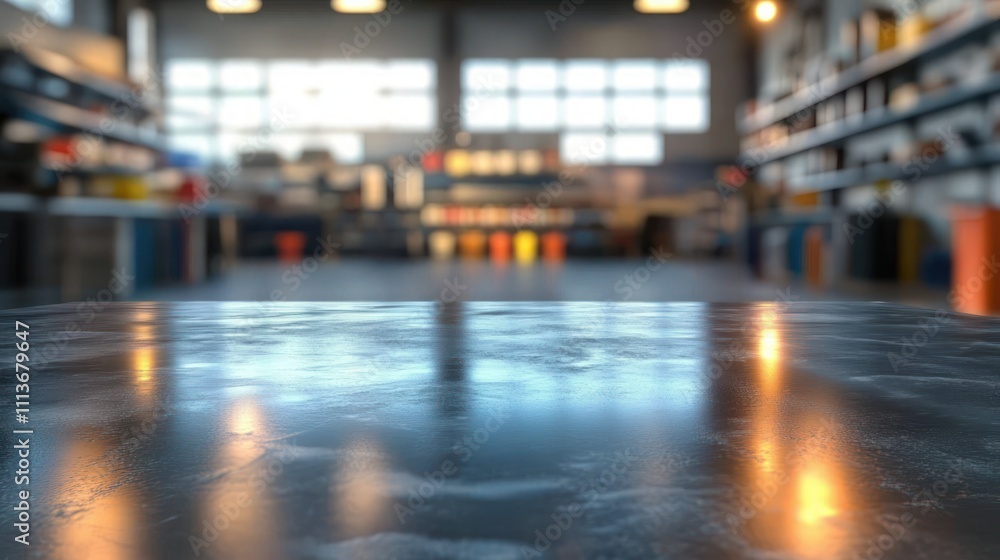Aufkleber hyper-realistic industrial workshop with polished metal table surface and colorful shelves in blurre