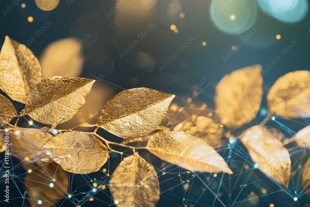 Poster a close-up of golden leaves intertwined with a network of lights, creating a magical and elegant atm