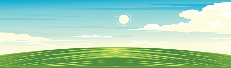 a view of undulating green hills stretches under a bright blue sky.