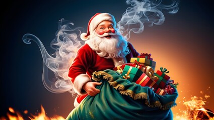 Santa clause holding gift sacks against smoky color splash  background