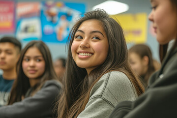 Obraz premium Smiling teenage girl in a practicing sign language with smiles and engaged expressions.
