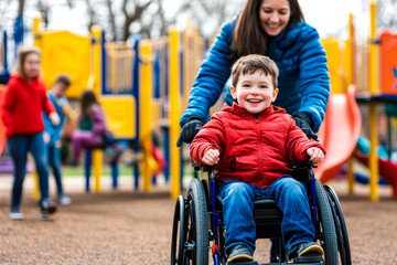 Smiling child in a wheelchair at a colorful playgroundKeywords: