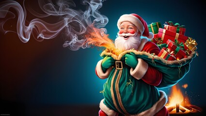 Santa clause holding gift sacks against smoky color splash  background
