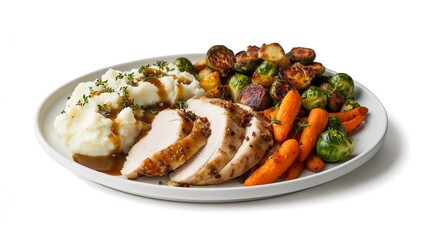 Slices of roasted turkey, mashed potatoes, gravy drizzles, roasted vegetables carrots, brussels sprouts, and a sprinkle of herbs, white plate clean background