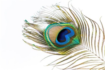 Exotic peacock feather on white background. Tropical royal style.