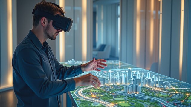 Architect Building Future City in VR Hologram, A man immersed in virtual reality interacts with a holographic city model displayed on a table. He uses his hands to manipulate the cityscape.
