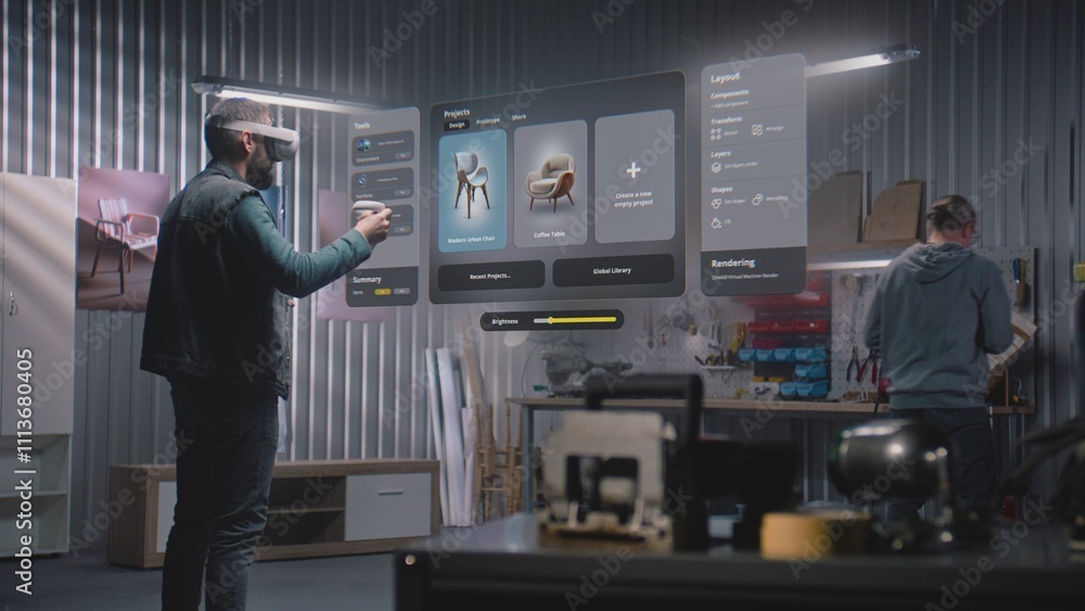 Poster modern workshop: professional craftsman or designer in ar headset assembles chair in virtual space u