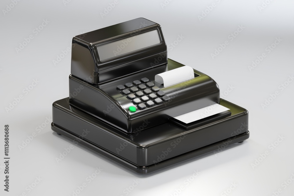Poster black cash register with a receipt printer and display.