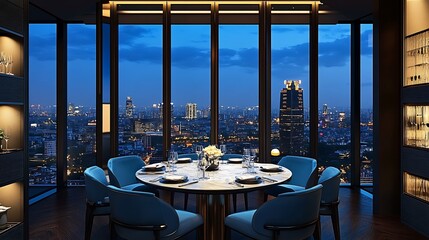 Fototapeta premium A modern dining room with a panoramic view of a city skyline at night