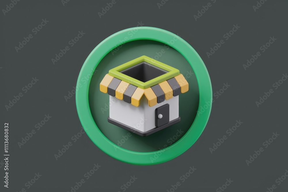 Poster 3D rendering of a store icon with green awning