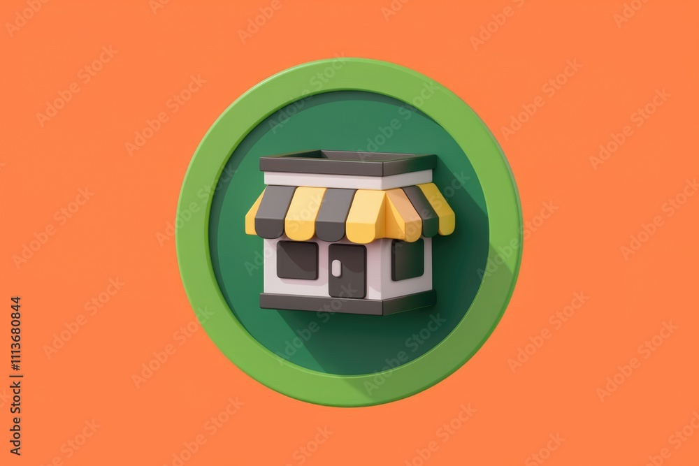 Aufkleber 3D rendering of a storefront icon with a green and orange background.