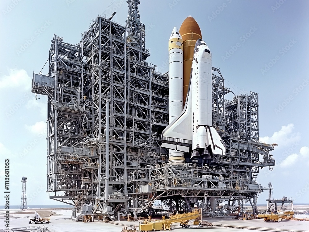 Poster high-performance ceramic tiles being applied to a space shuttle model, emphasizing heat resistance