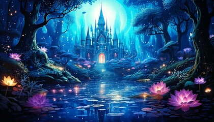 魔法の城、幻想的な風景、夜の森、蓮の花、輝く水面、夢の世界、ファンタジーアート、青いトーン、神秘的な雰囲気、月明かり、ロマンチックな景色、自然と建築、光る花、魔法の森、静かな湖