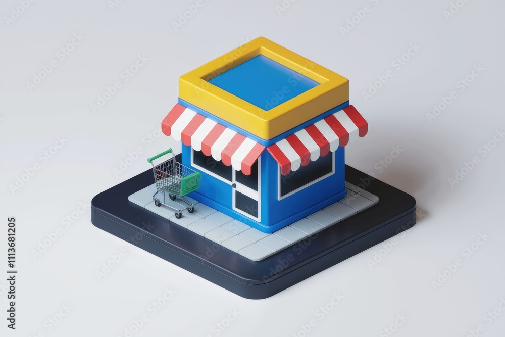 Poster a 3d rendering of a blue storefront with a striped awning and a shopping cart.