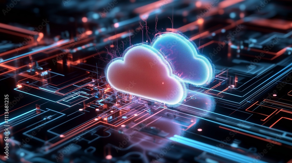 Poster digital cloud computing illustration showcasing connectivity and data transfer in a technological la