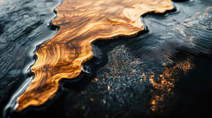 Luxurious black epoxy resin panel with walnut inclusions showcasing rich textures and contrasts