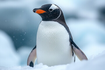 Obraz premium Gentoo Penguin standing in snowy Antarctic landscape