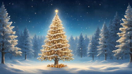 christmas tree with candles, golden christmas tree, christmas tree with stars and snowflakes, blue background, ai generated