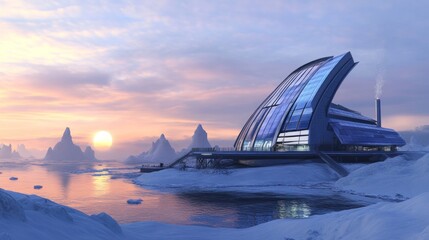 Futuristic Arctic Research Station Sunset Landscape