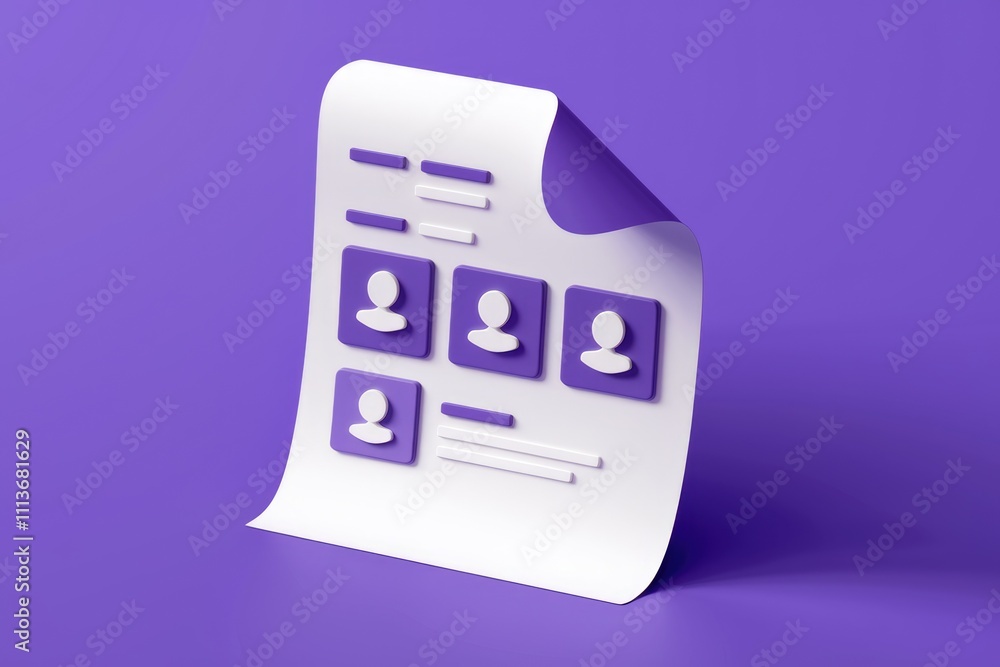 Poster 3d rendering of a white sheet with purple profile icons and a purple background.