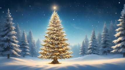 Naklejka premium christmas tree with candles, golden christmas tree, christmas tree with stars and snowflakes, blue background, ai generated