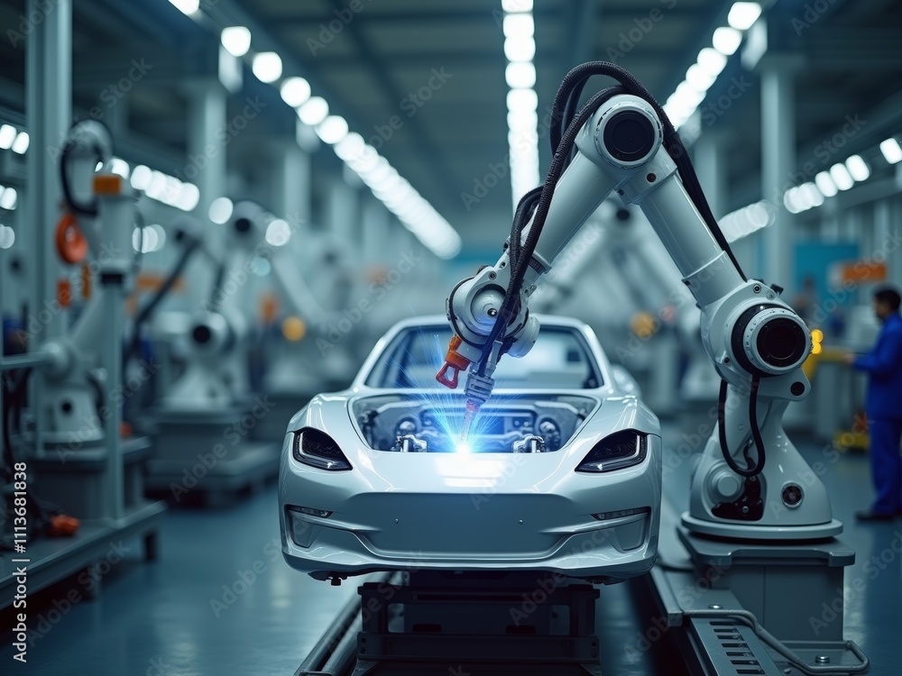 Poster robotic arms assembling a modern electric vehicle in a futuristic automotive factory setting during 