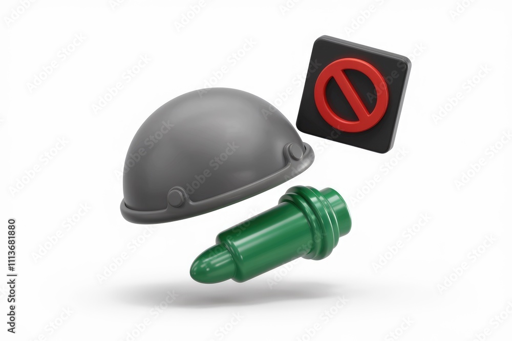 Poster a 3d model of a helmet a bullet and a no symbol.