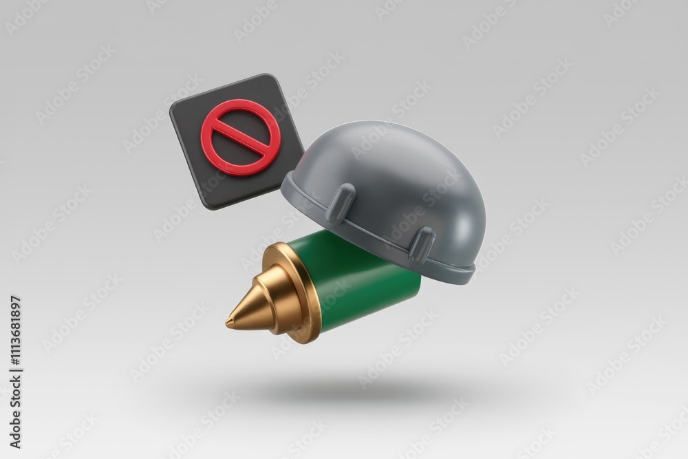 Poster 3D rendering of a no sign  helmet and bullet.