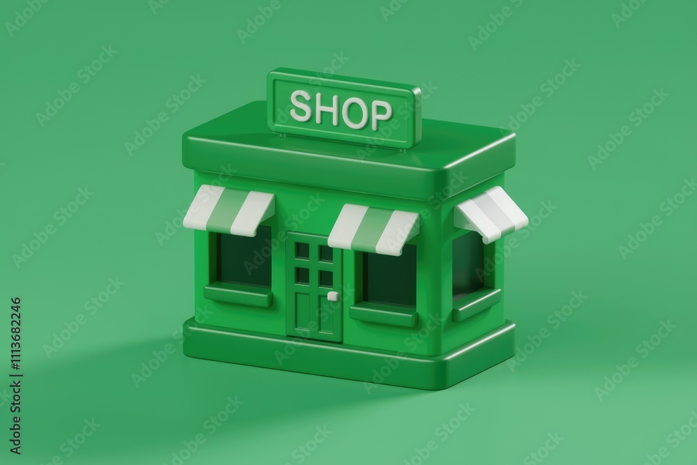 Poster 3d rendering of a green shop building with striped awnings