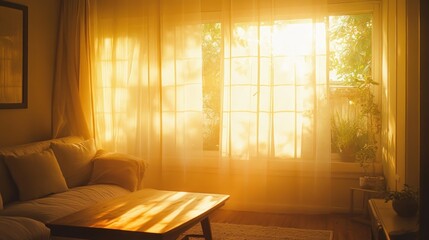 Golden Sunlight Illuminates Living Room Through Sheer Curtains