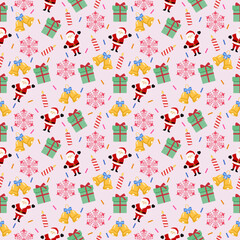 Cute seamless of Santa Claus red hat with green gift box and candy cane on snowflake and starburst on pink wallpaper and background. Christmas and new year holiday concept