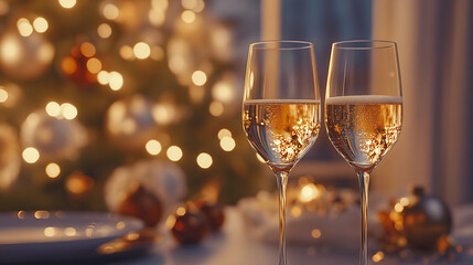 glasses of champagne on christmas background