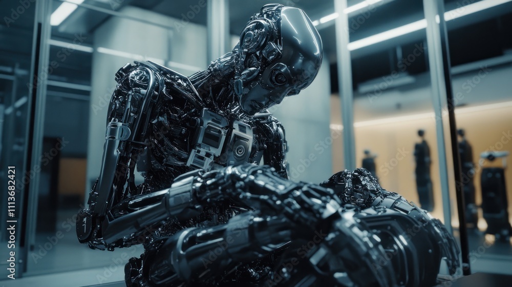 Poster advanced robot contemplates in modern facility setting